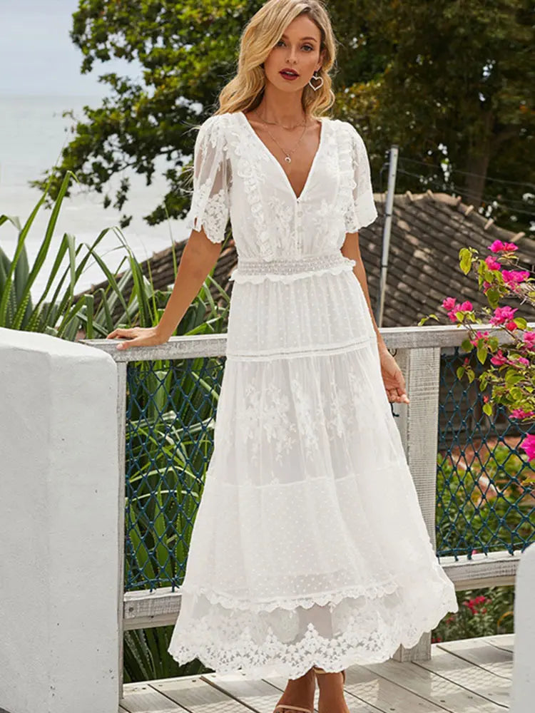 Hollow Out White Dress Sexy Women Lace Long Dress